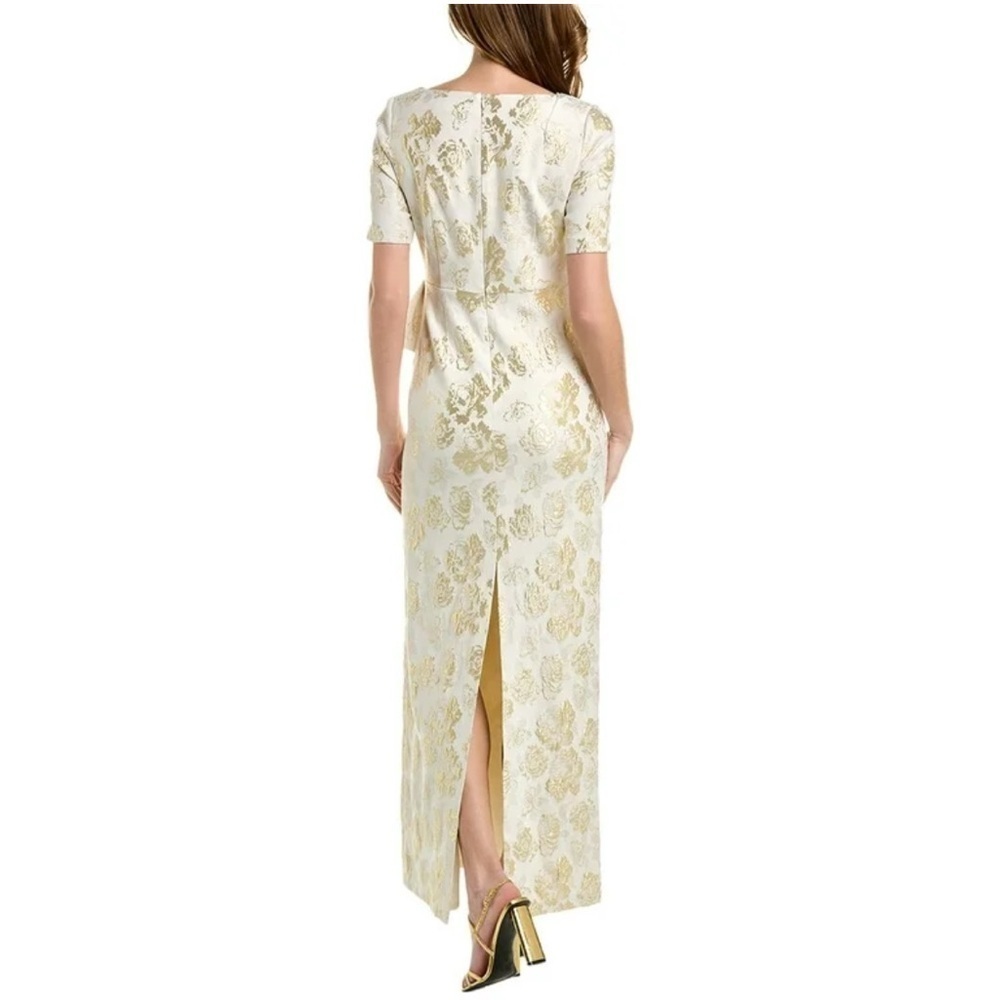 Aidan Mattox NWT V-Neck Pleated Bodice Jacquard Long Gown Ivory & Gold Sz 8 - Picture 2 of 15